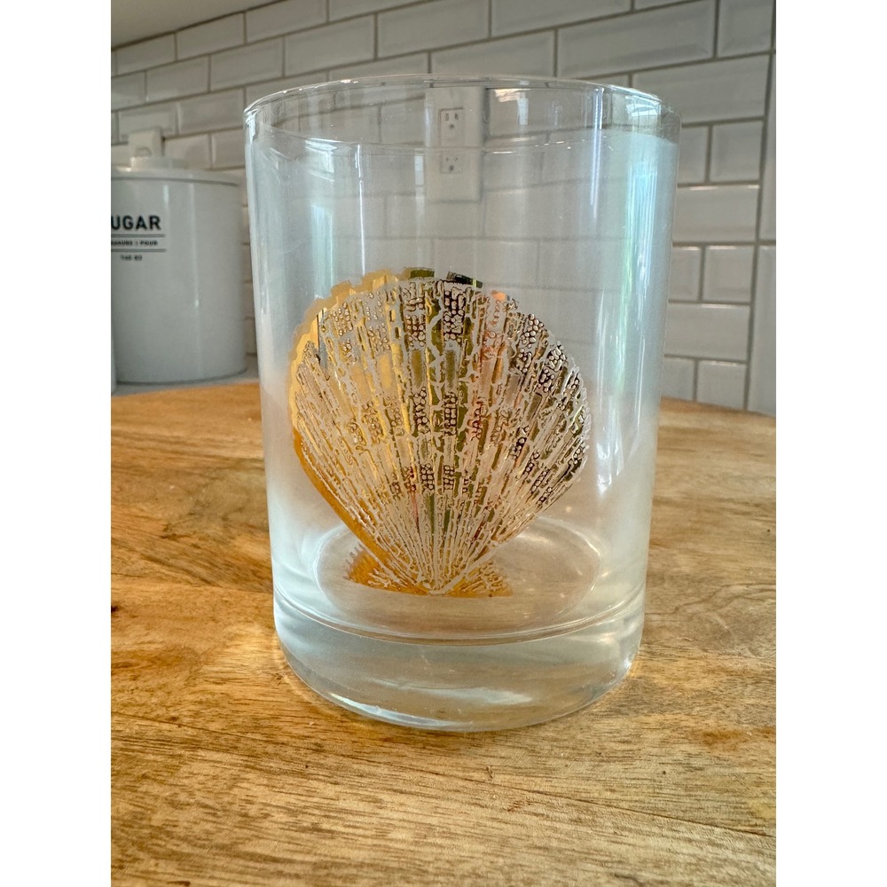 Gold Seashell Rocks Glass Clear Lowball Whiskey Tumbler Coastal Nautical Decor
